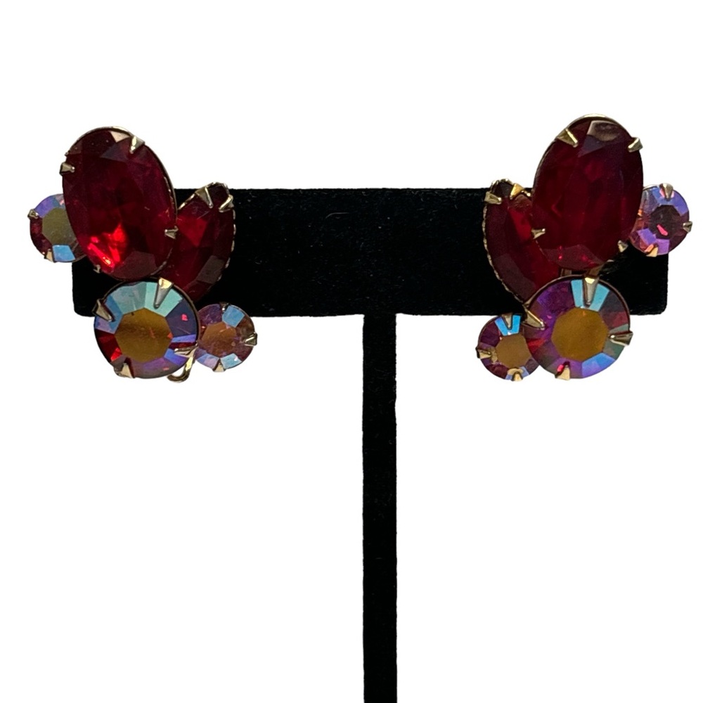 Celebrity Gold Tone Red & AB Crystal Earrings 1-1/8”